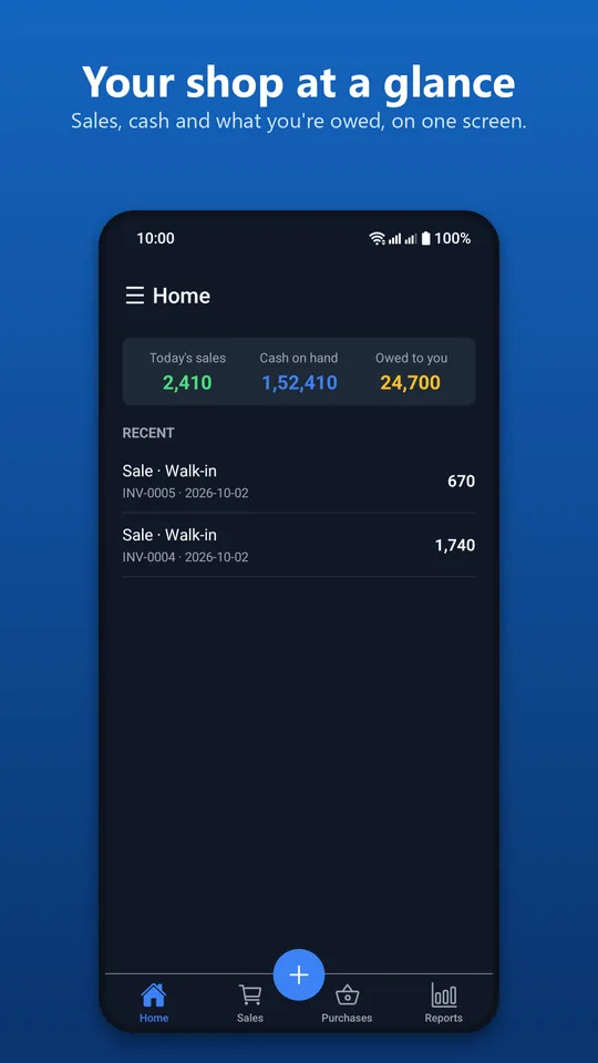 Home screen showing today's sales, cash on hand and the amount owed to you