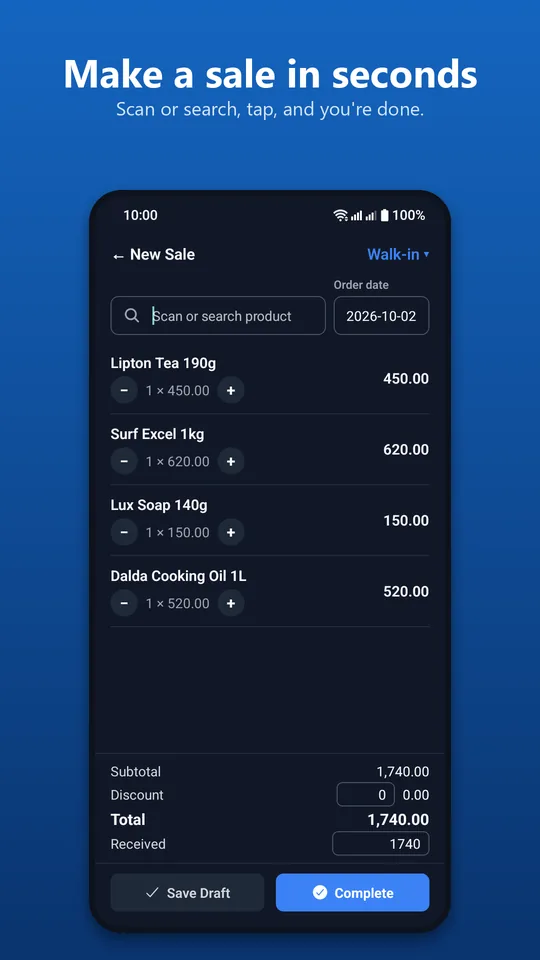 New sale screen with product search, quantity buttons and received amount