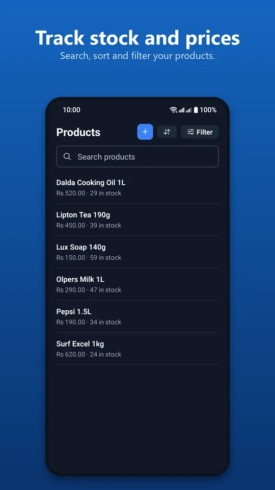 Product list with prices and quantity in stock, with search, sort and filter