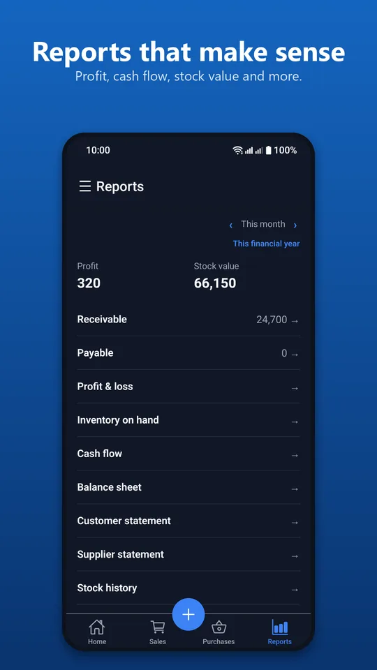 Reports screen with profit, cash flow and stock value