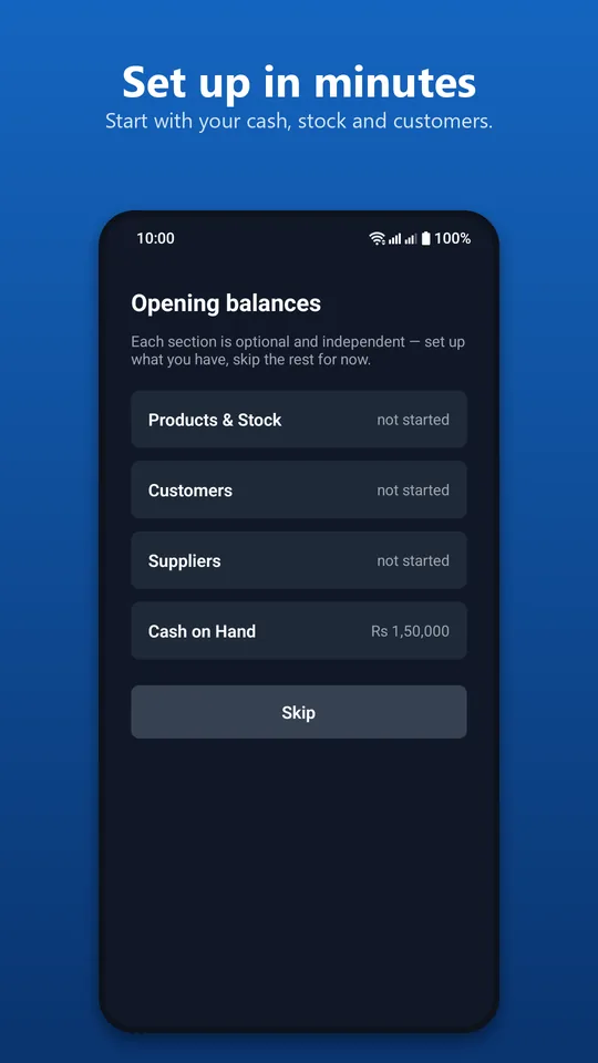 Setup screen where you start with your cash, stock and customers